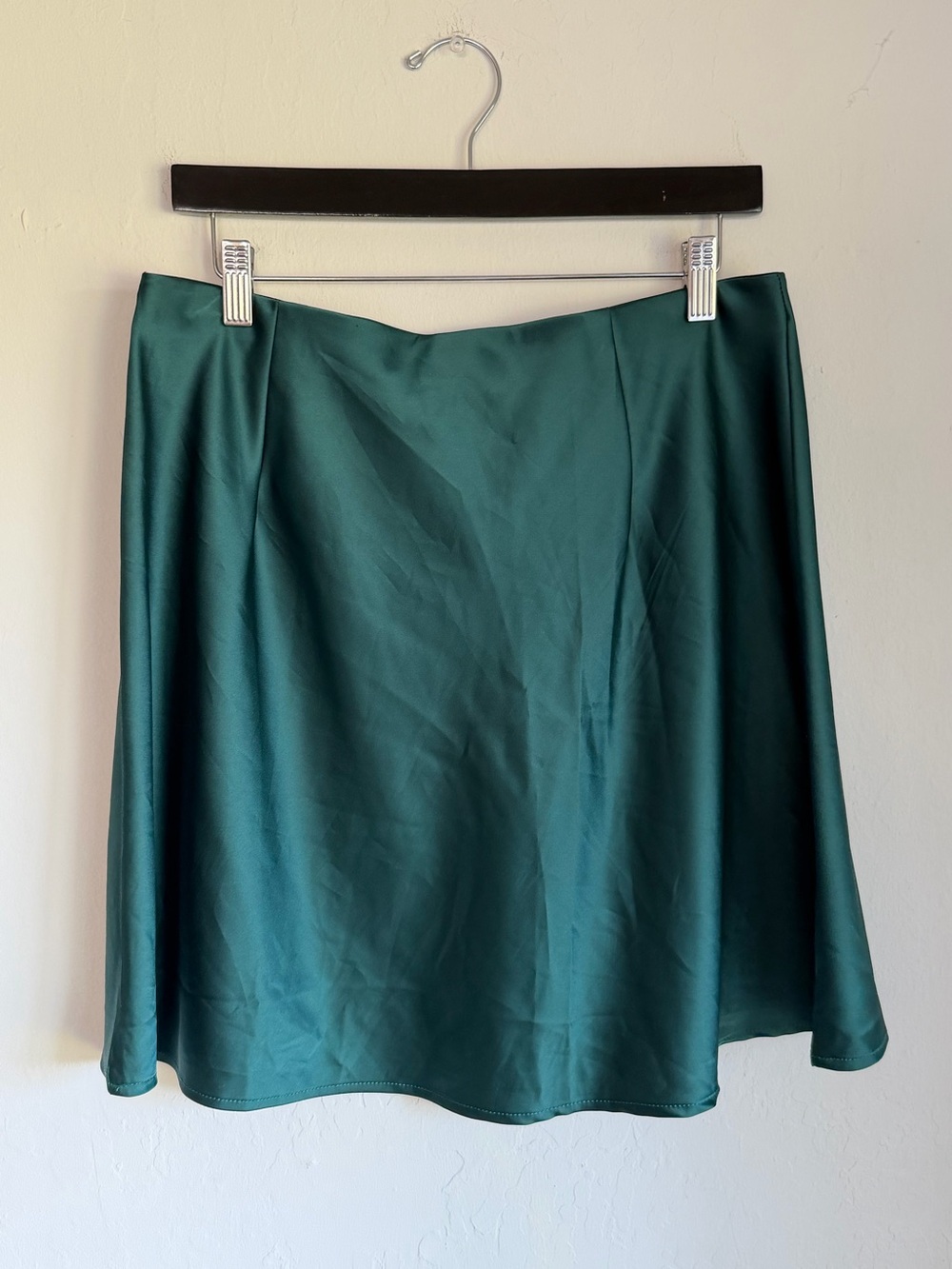 Emerald Green Satin Elastic Waist A-line Mini Skirt, Sz XL